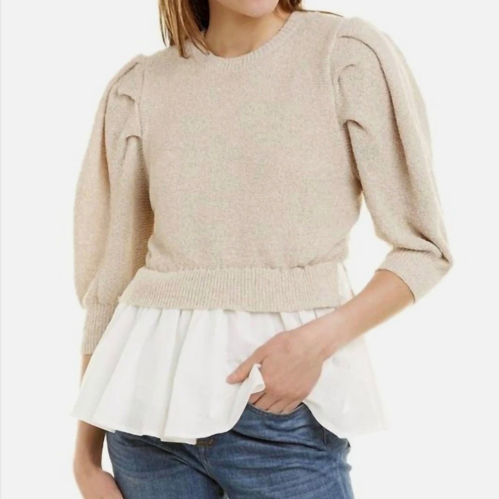 En Saison Mixed Media Puff Sleeve Sweater Peplum Top Tan/White XS *READ